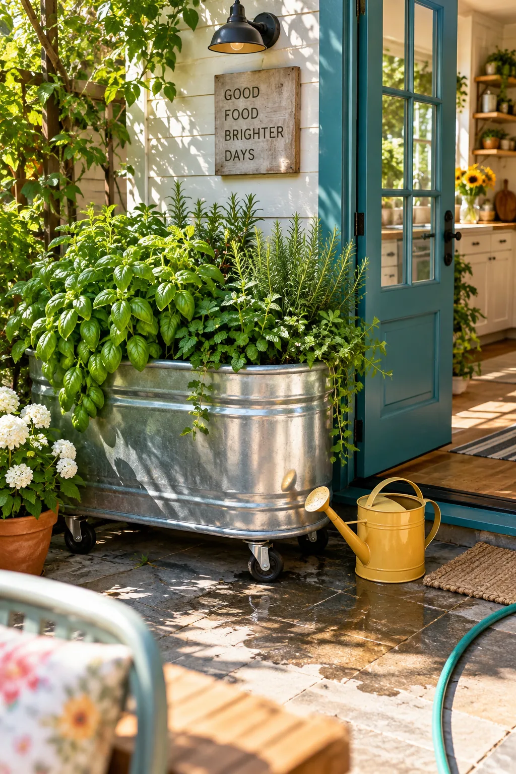 Metal trough raised bed on caster wheels filled with herbs.