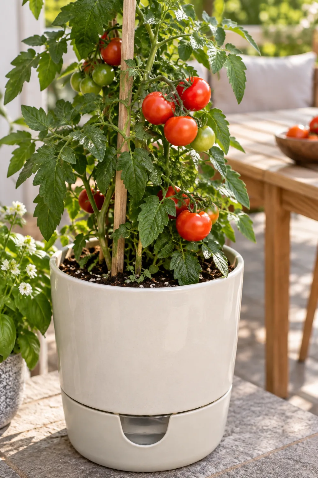 Self-watering planter growing healthy green tomato plants on a deck.