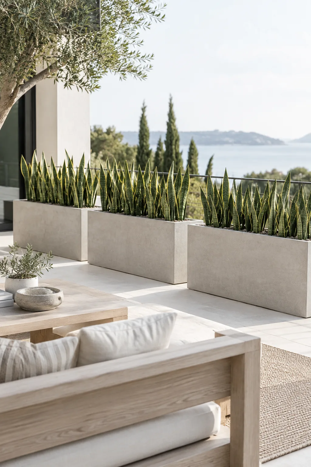 Three identical rectangular concrete troughs planted with snake plants.