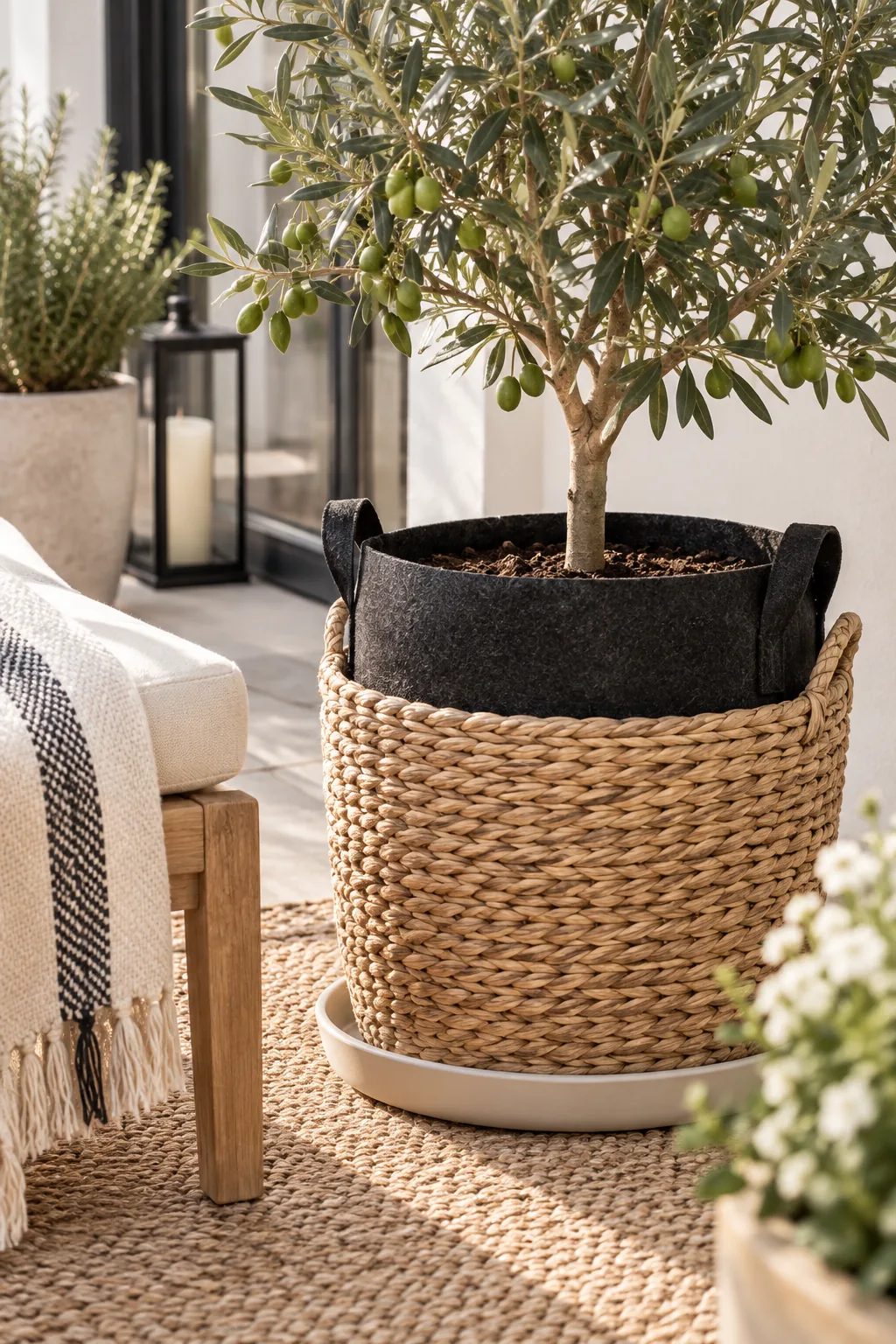 Black fabric grow bags placed inside woven decorative baskets.