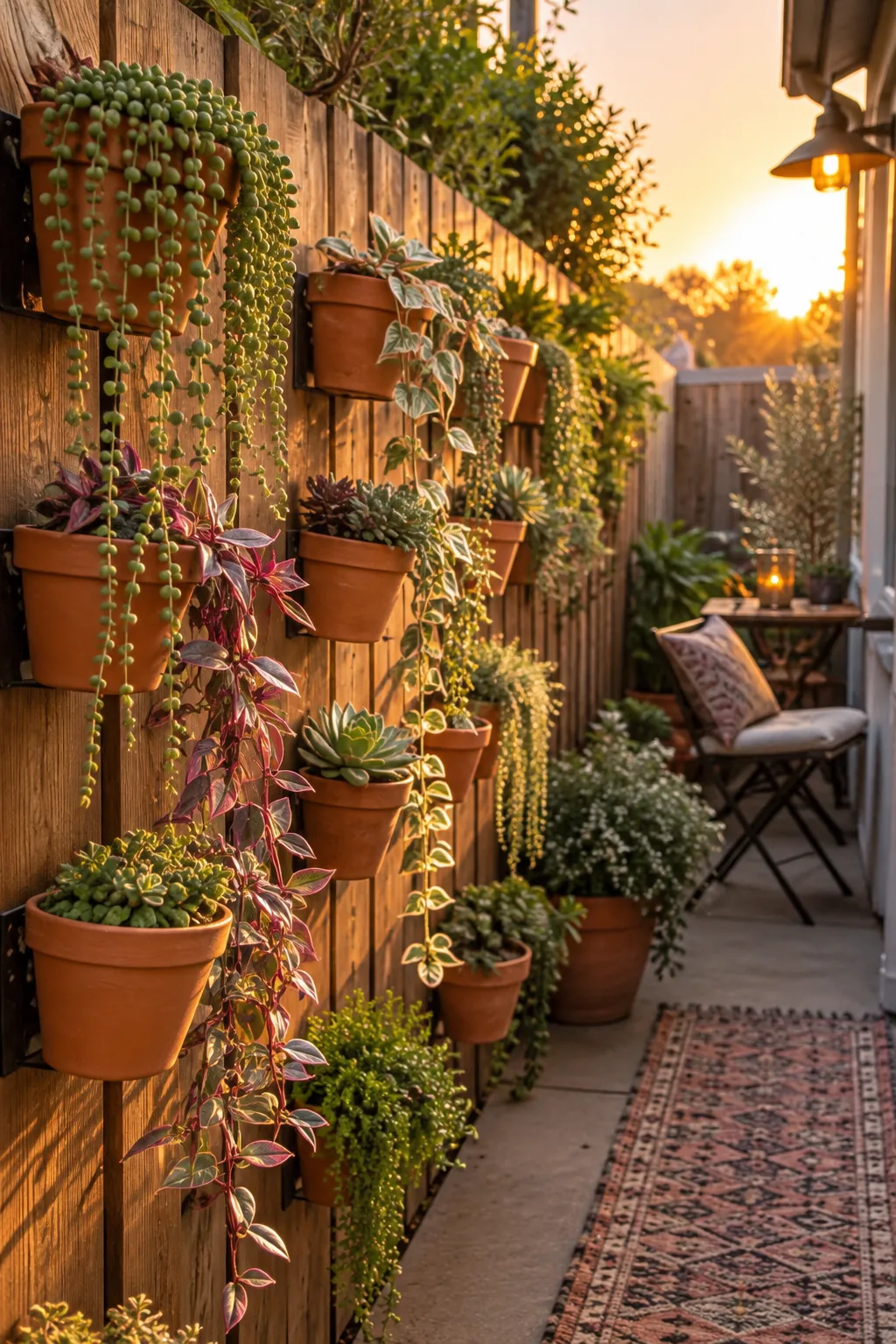 Grid of small terracotta pots mounted on a wooden privacy fence.
