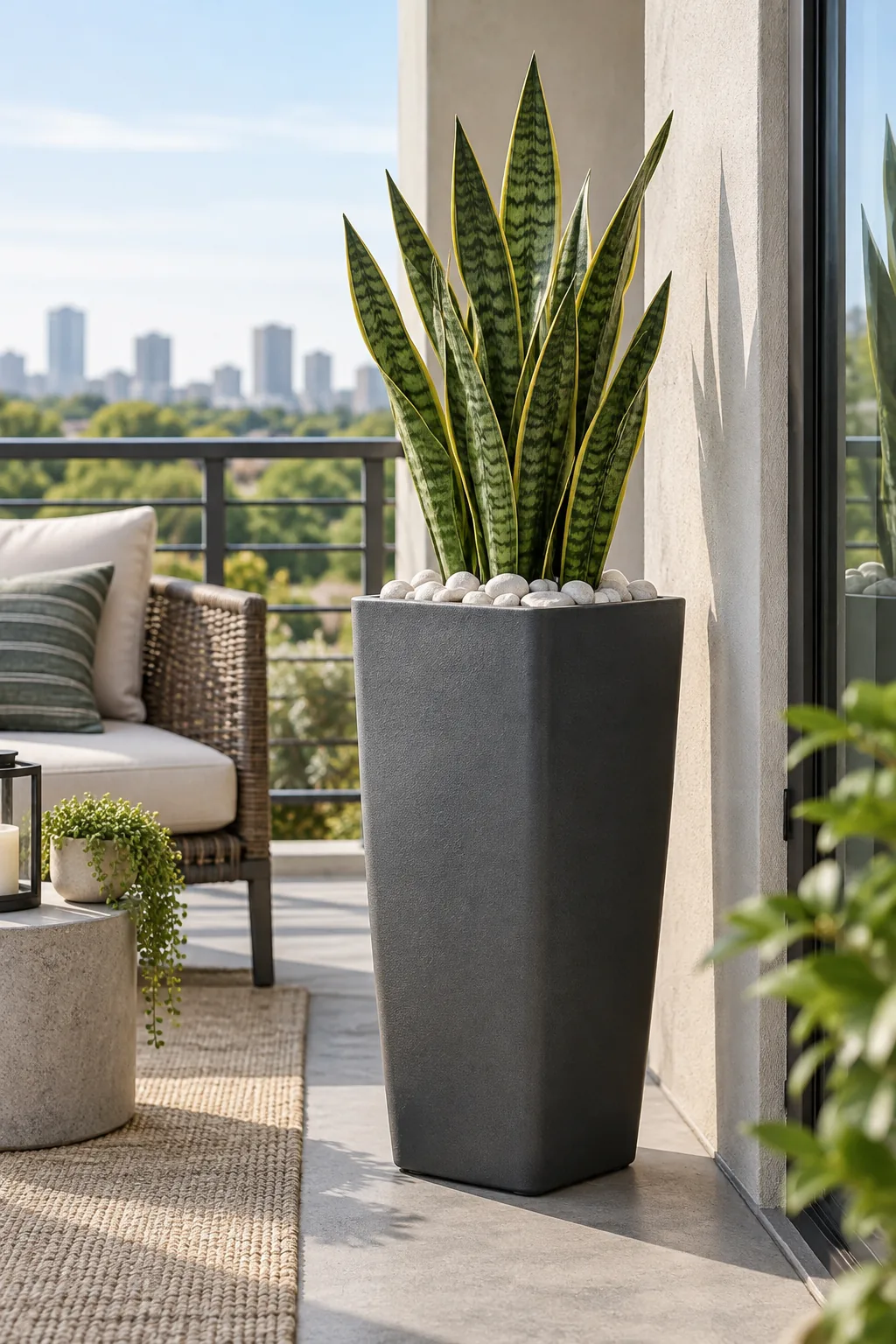 A tall slate gray planter filled with structural snake plants and white pebbles on a modern concrete balcony.