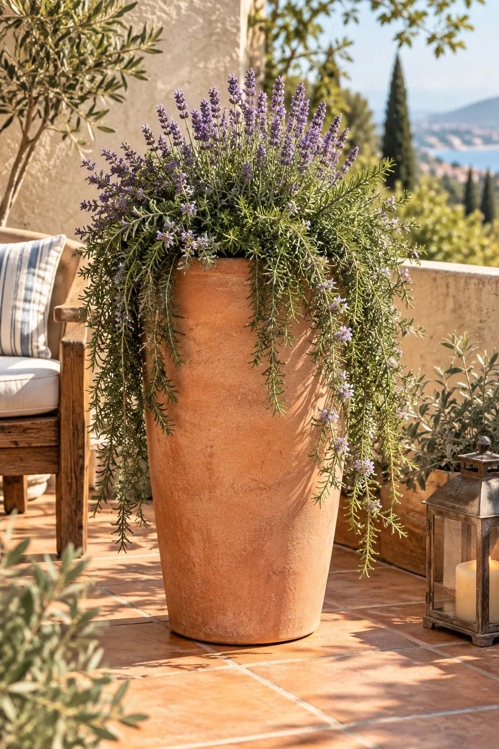 A tall faux-terracotta planter filled with lavender and trailing rosemary on a sunny tiled patio.