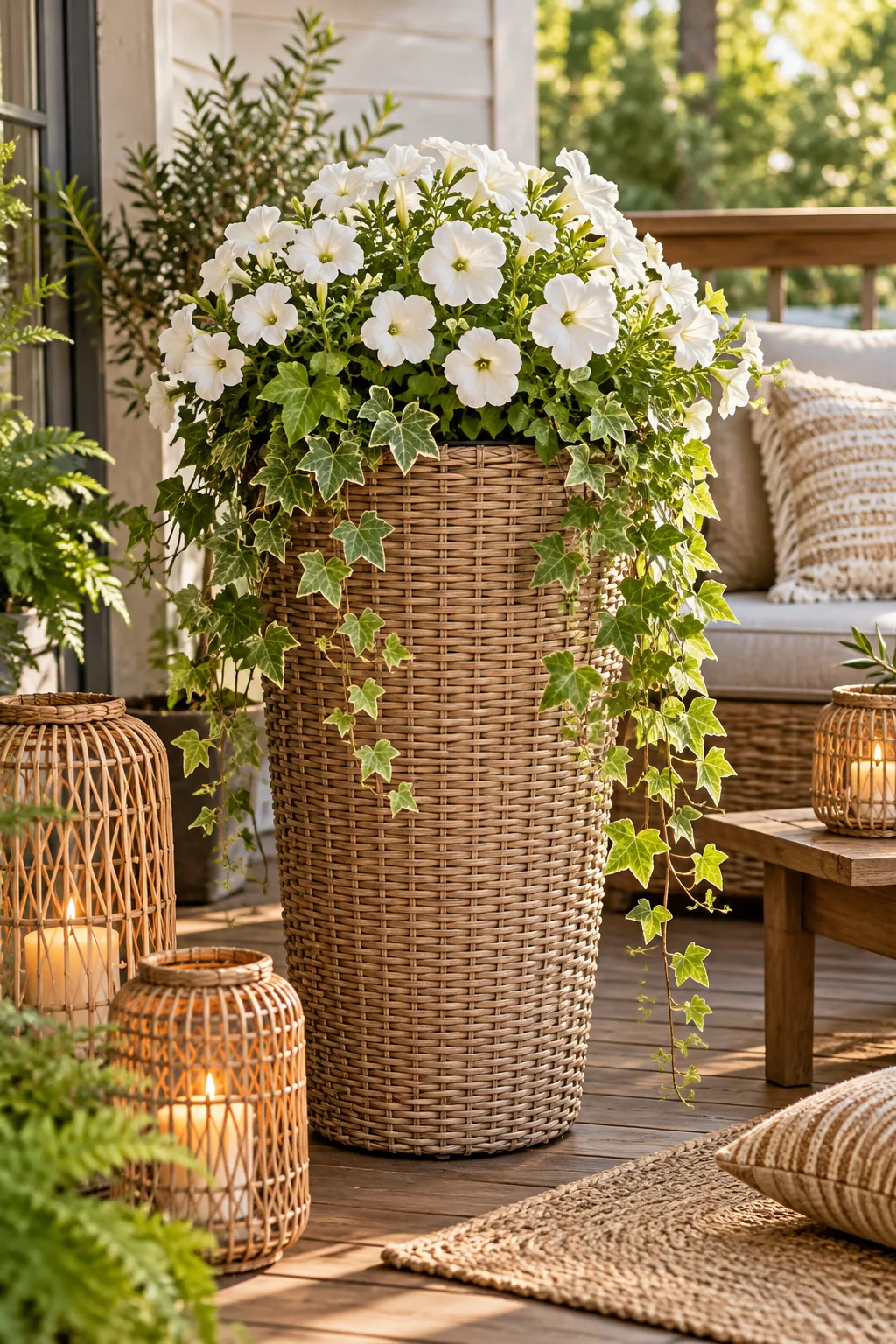 A tall woven faux-rattan planter filled with white petunias and ivy on a wooden deck with lanterns.