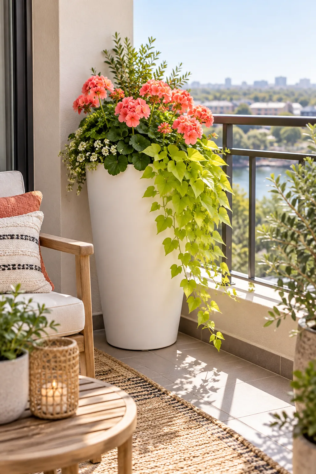 Close-up of a white planter base elevated slightly on small square pot feet above a tiled balcony floor.
