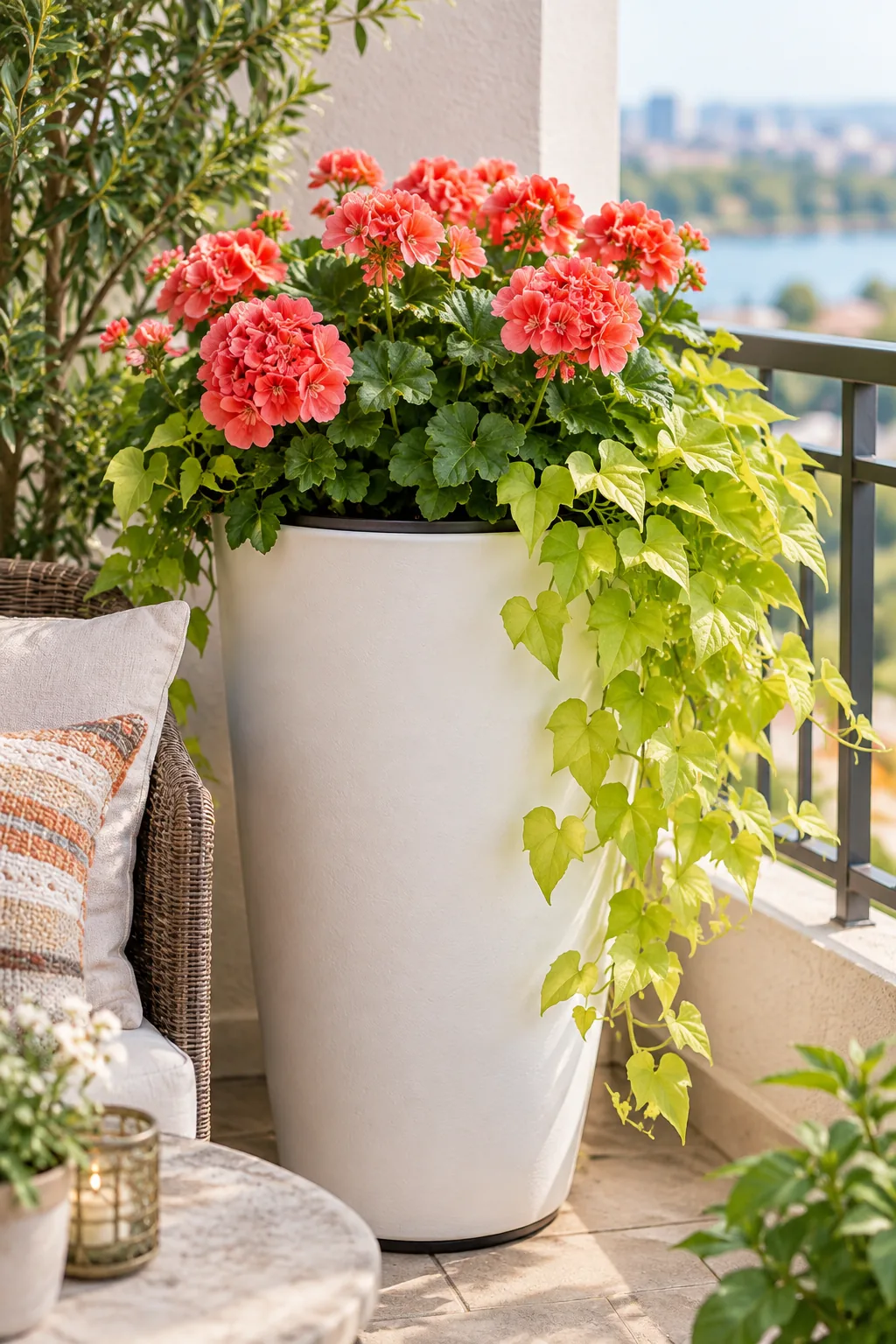 A tall white planter stands securely in a balcony corner while its trailing green vines blow in the wind.