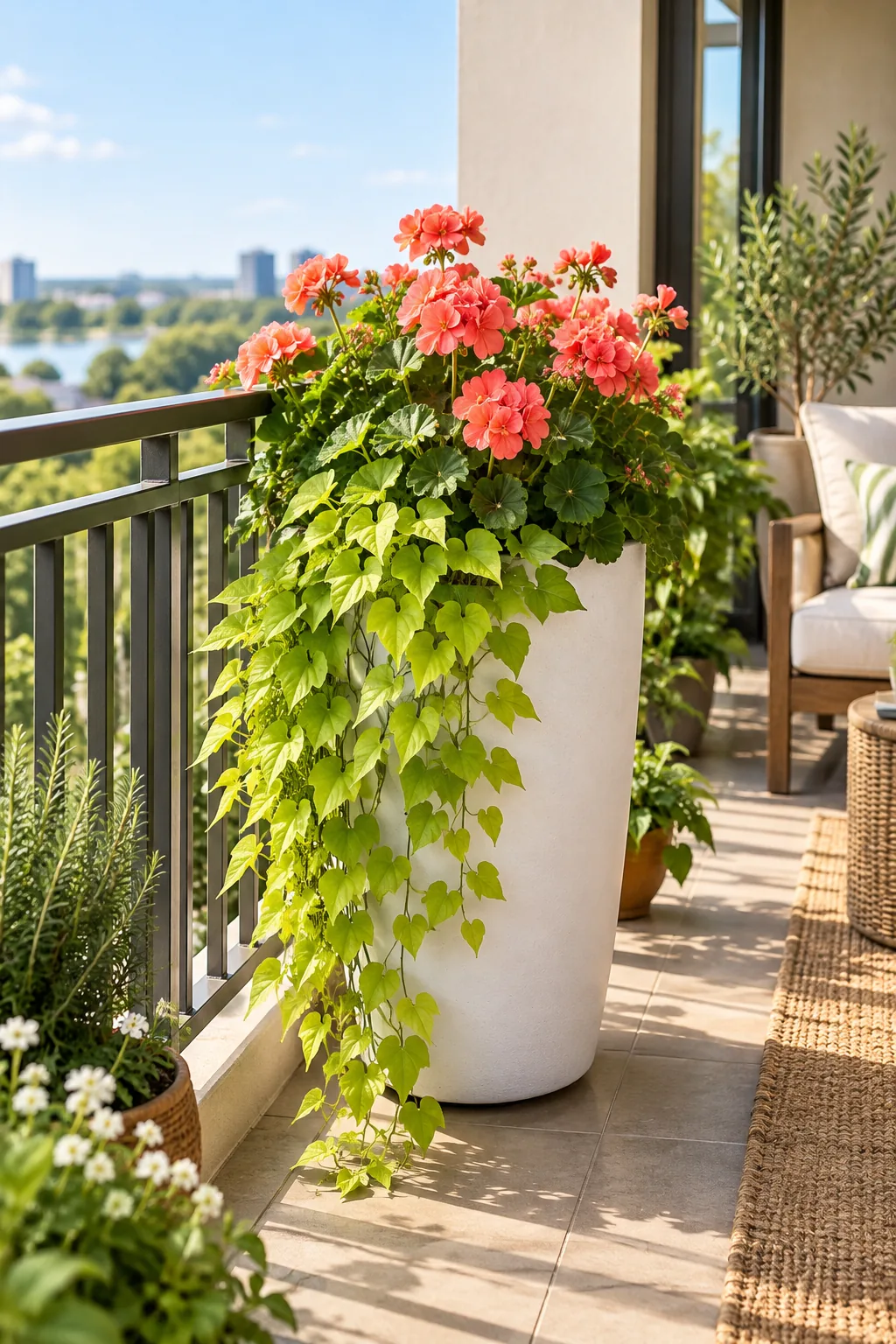 Overhead view looking down into a planter filled with coral flowers, showing the soil level slightly below the rim.