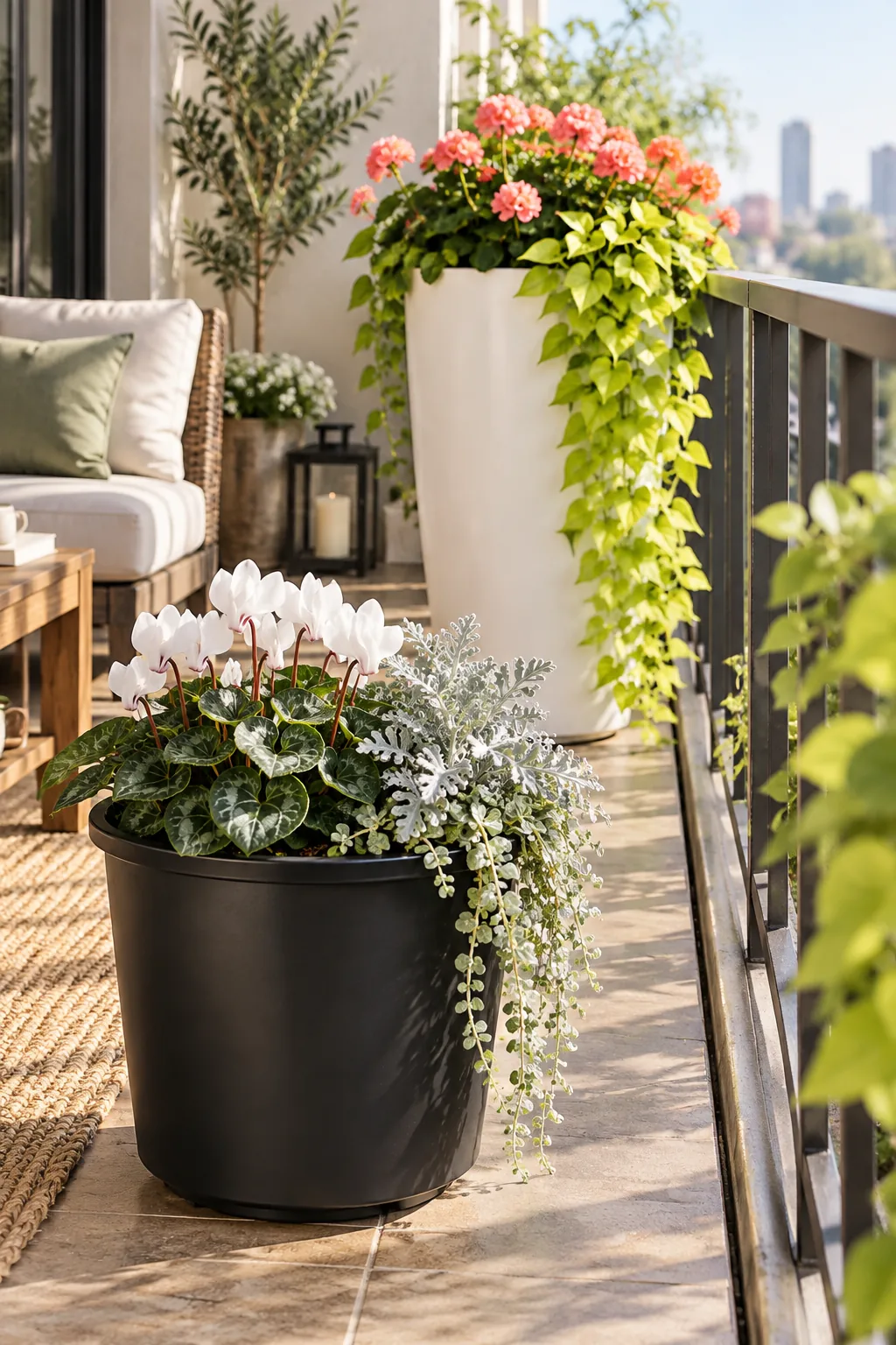 Bright green sweet potato vines trailing down the side of a tall white planter against a balcony railing.