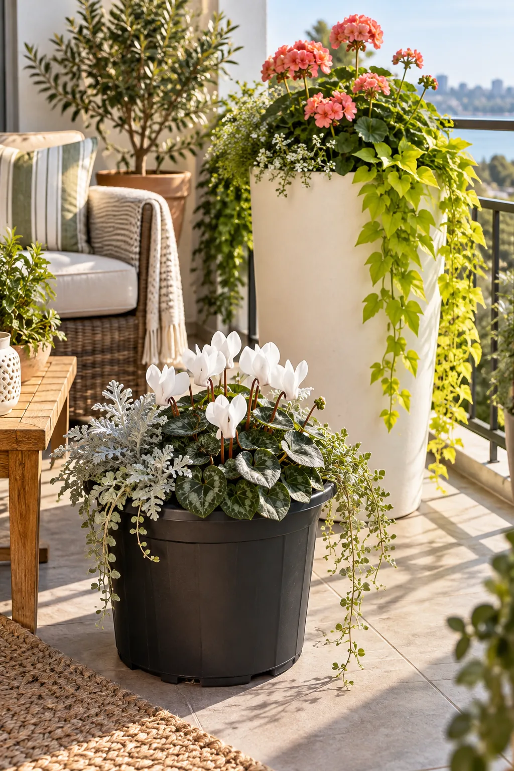A black plastic planter liner filled with white cyclamen sits on a balcony floor, with a tall white planter in the background.