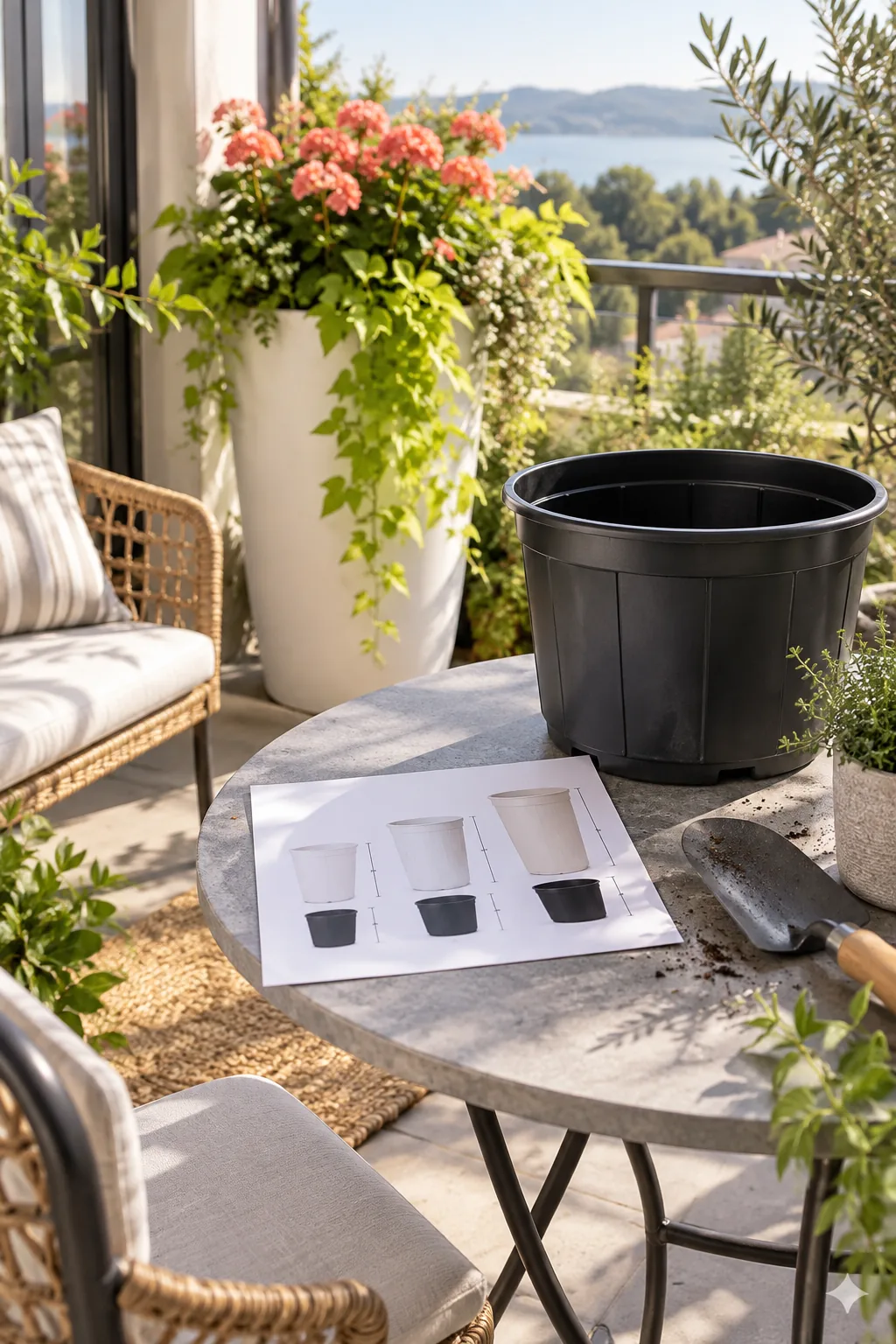 A printed planter fill chart sits on a patio table next to a trowel and an empty black plastic liner.