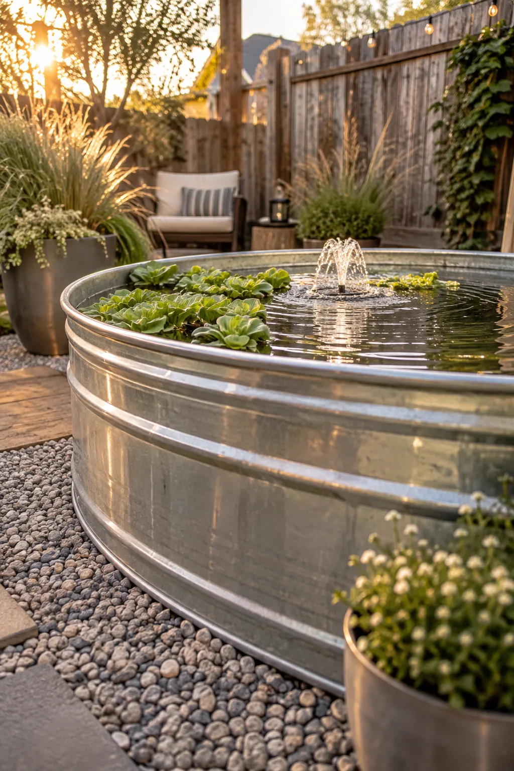 Galvanized stock tank pond on a gravel patio
