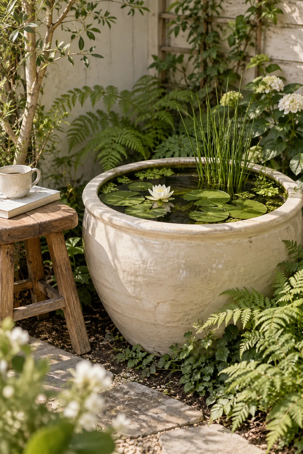 Glazed ceramic planter turned into a mini pond