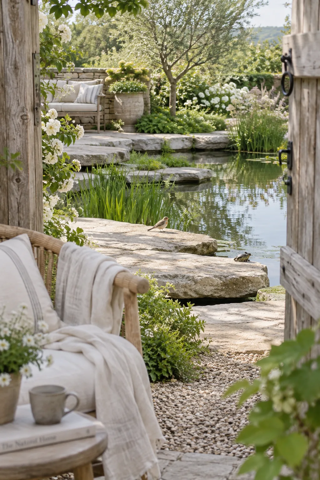 Pond edge lined with flat flagstone rocks