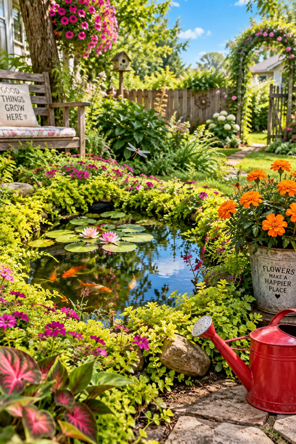 Black plastic pond tub buried in a garden bed