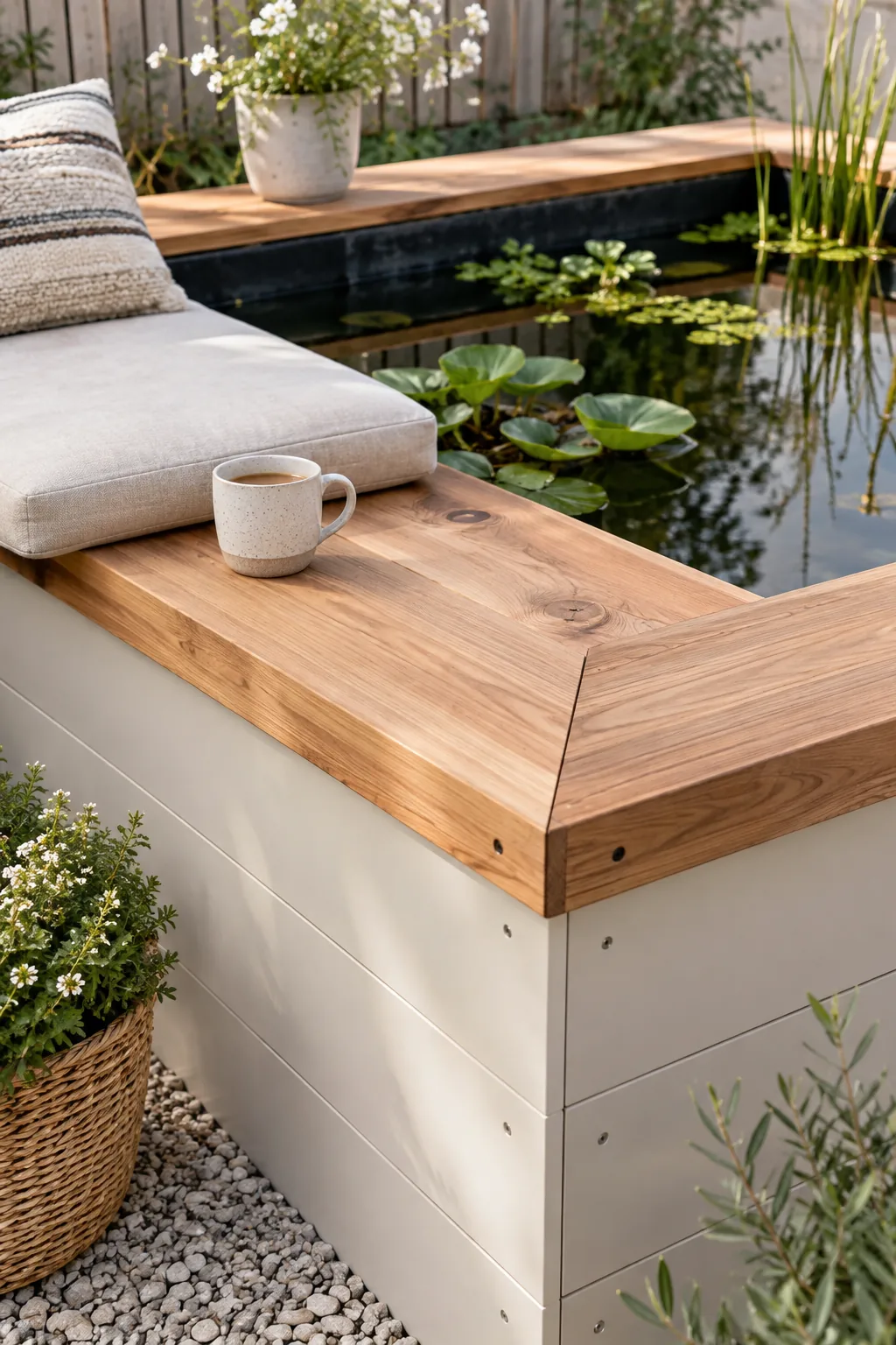 Raised rectangular pond built with a wooden frame