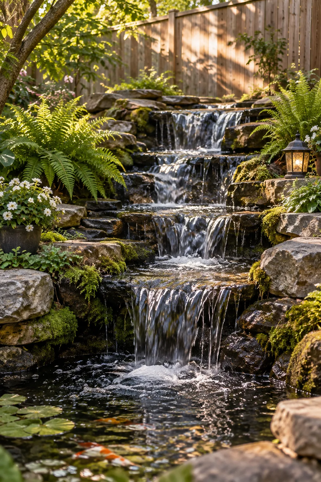 Small stacked stone waterfall spilling into a pond
