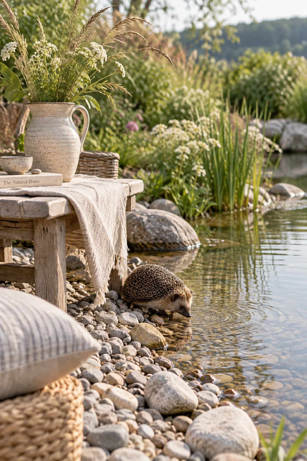 Natural pond with a shallow pebble beach entry