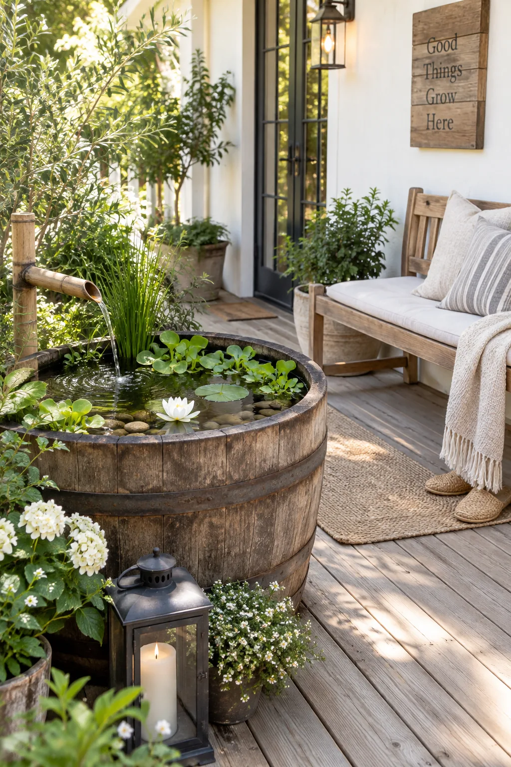 Half whiskey barrel pond with water plants