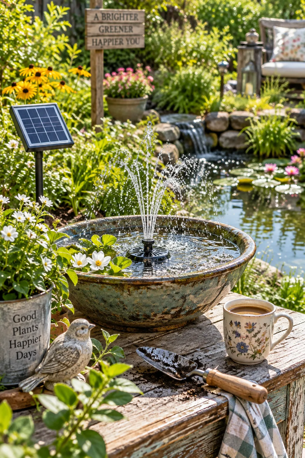 Small solar panel powering a pond fountain