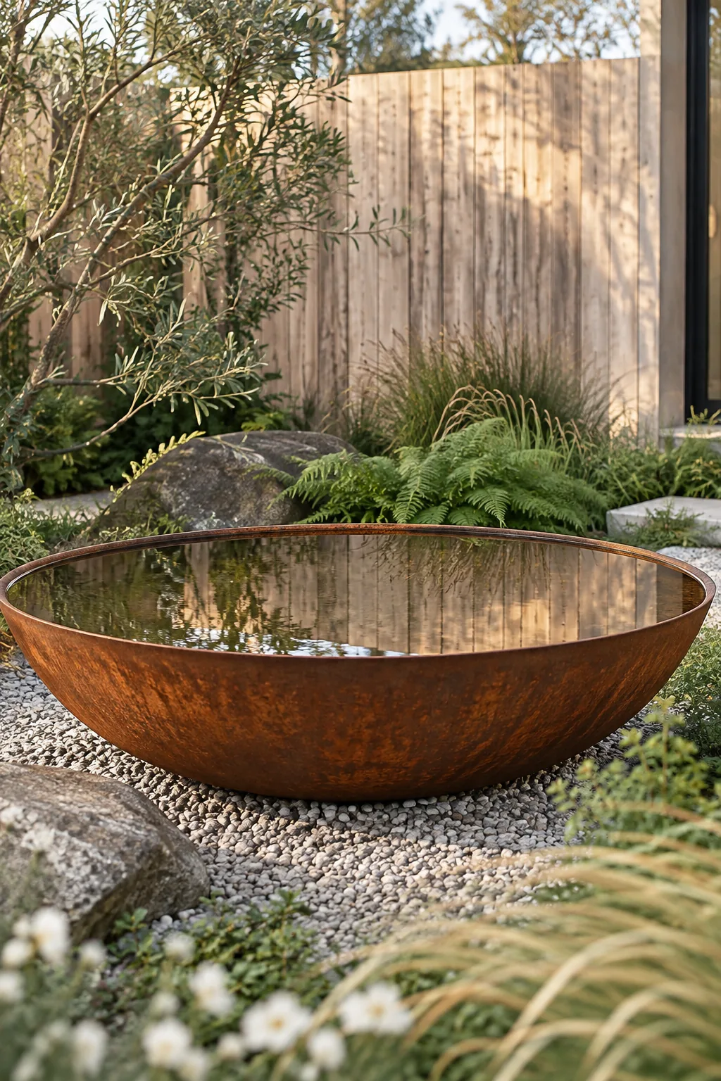 Rusted corten steel water bowl in a garden