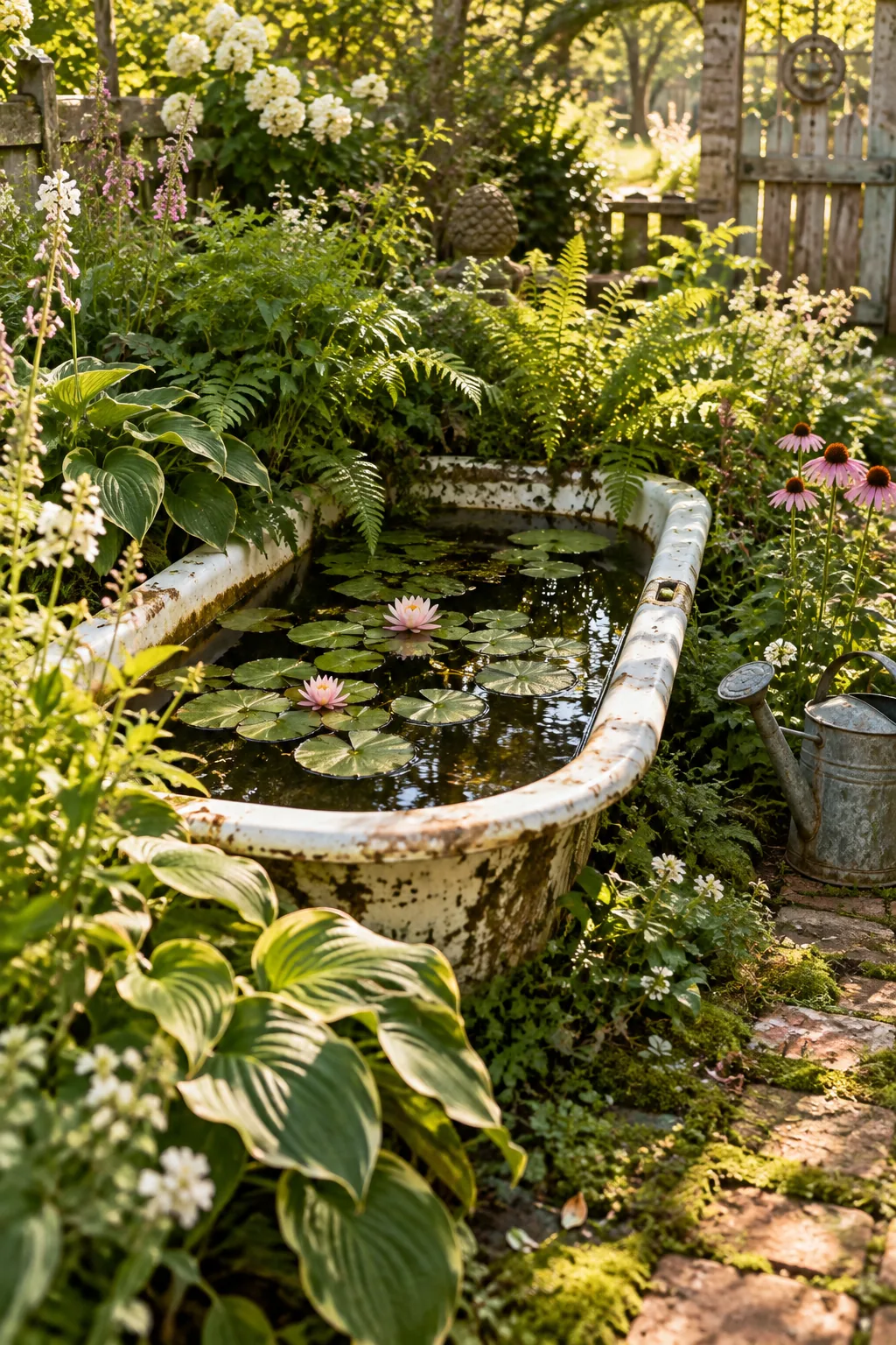 Old cast iron bathtub buried as a pond