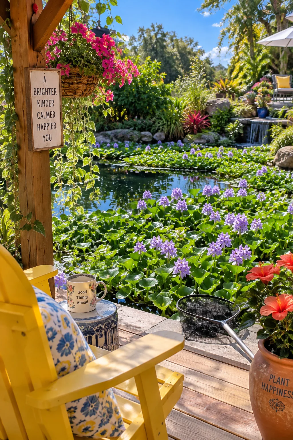 Water hyacinth floating on a clear pond surface