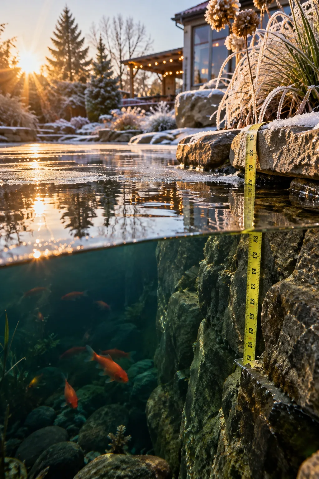 Deep backyard pond showing water depth