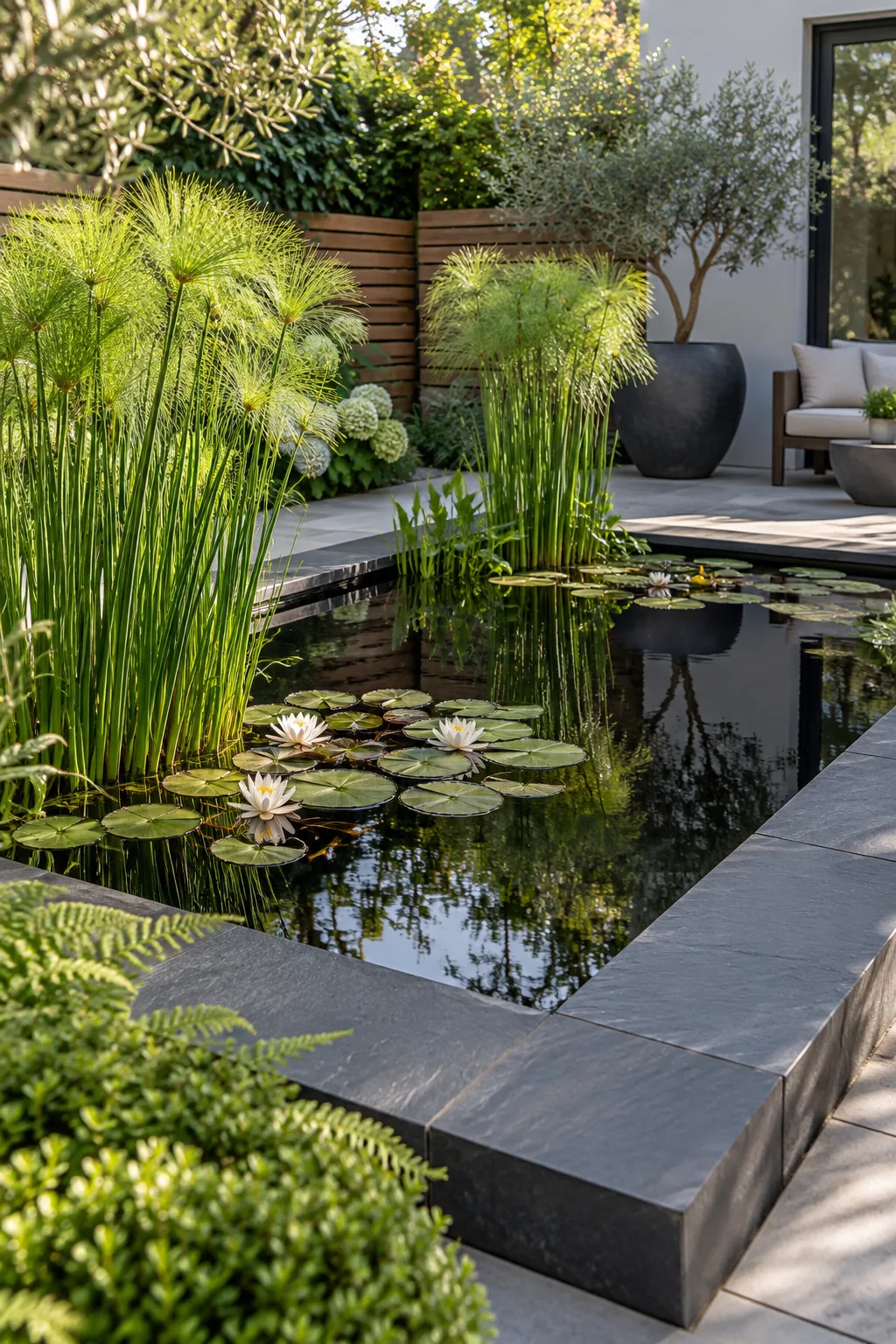Modern formal pond with dark slate edging, tall papyrus, and black reflective water in a minimalist courtyard.