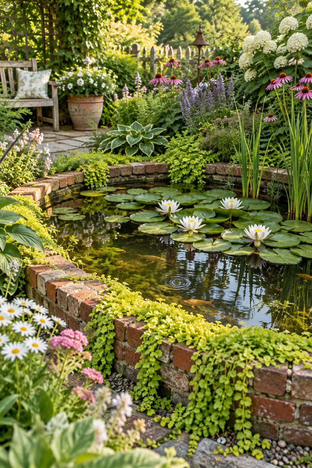Cottage garden pond with weathered brick edging, creeping jenny, and white water lilies.