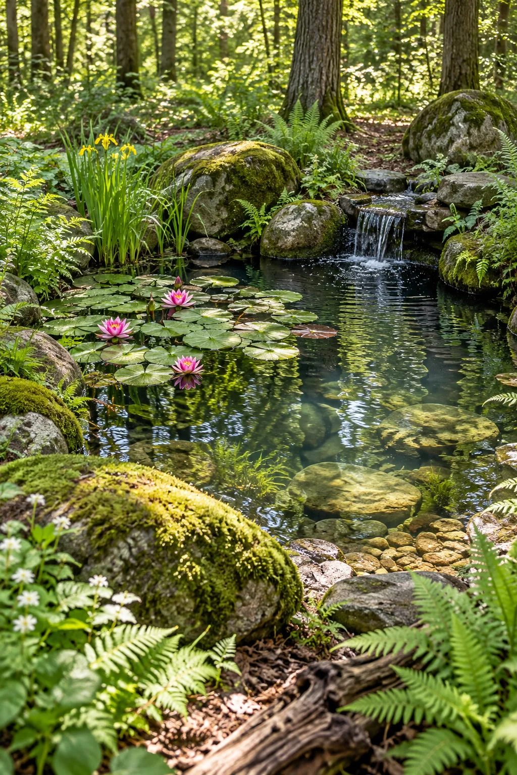 Woodland wildlife pond surrounded by mossy boulders and native ferns in dappled forest shade.