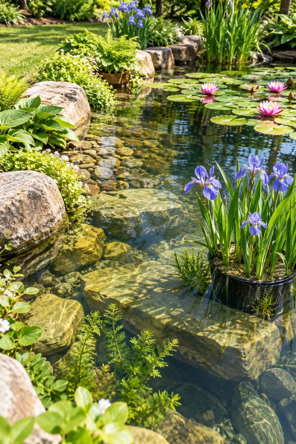 Rounded river pebbles forming a gentle slope from green grass into shallow clear pond water.