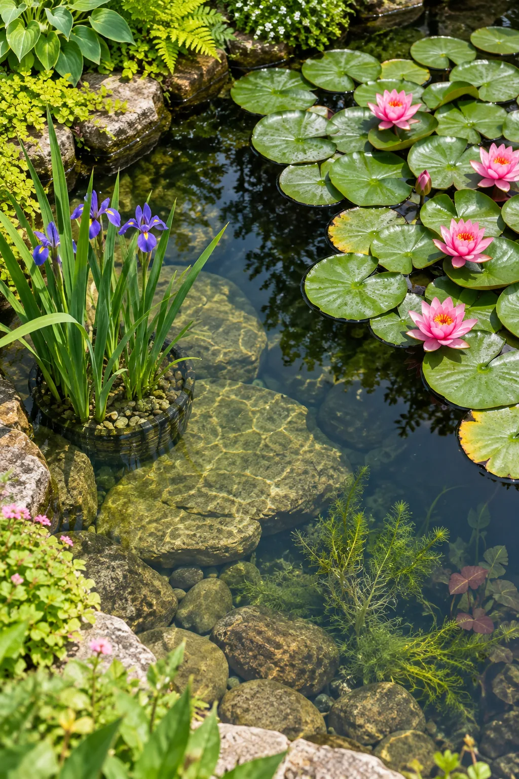 Submerged aquatic planting basket holding blooming blue flag iris resting on a shallow underwater rock shelf.