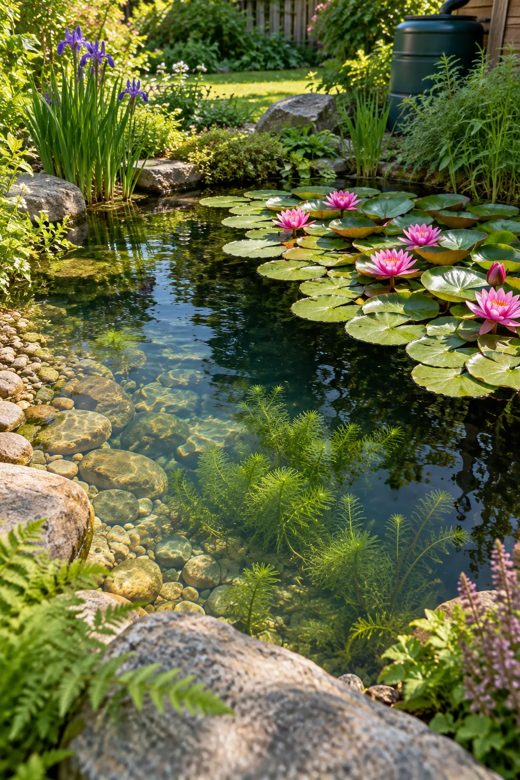 Aerial view of pink water lilies and green pads covering half of a small pond's surface.