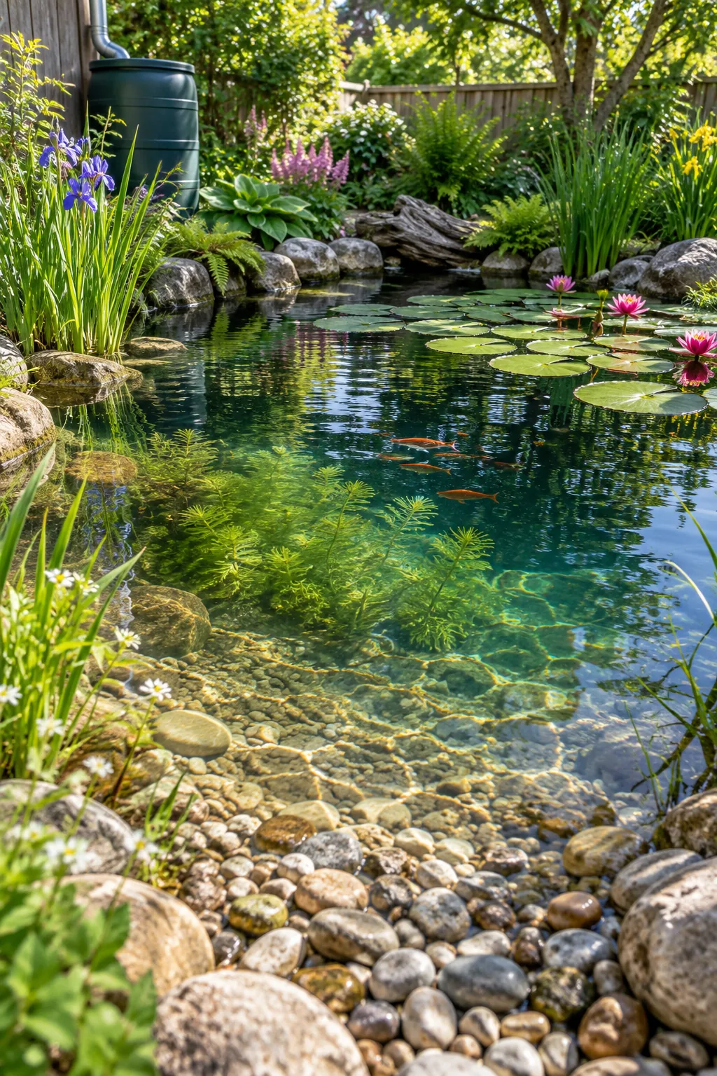 Feathery green aquatic plants growing completely submerged in clear pond water.