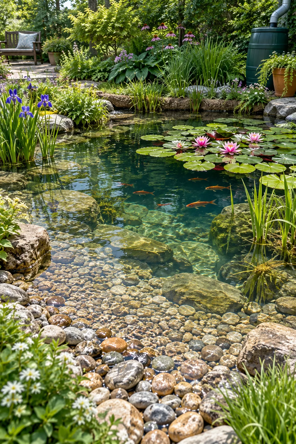 Small backyard pond with clear water showing distinct shallow and deep planting areas working together.