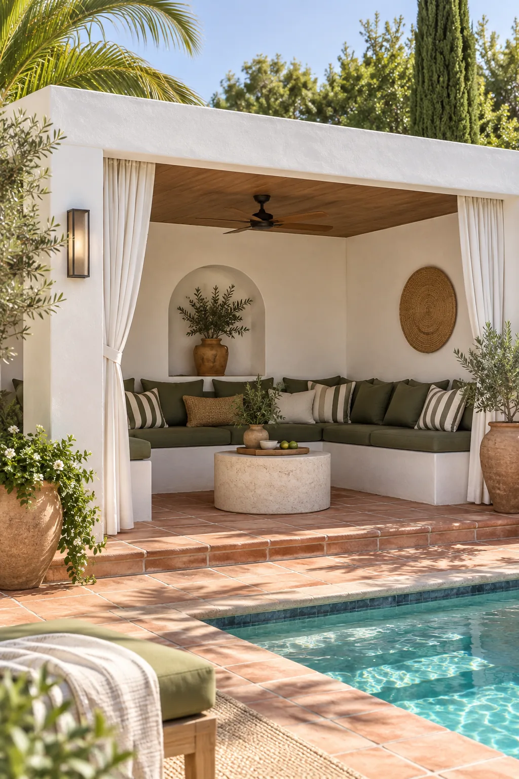A modern Mediterranean pool cabana with white stucco walls and terracotta floors.