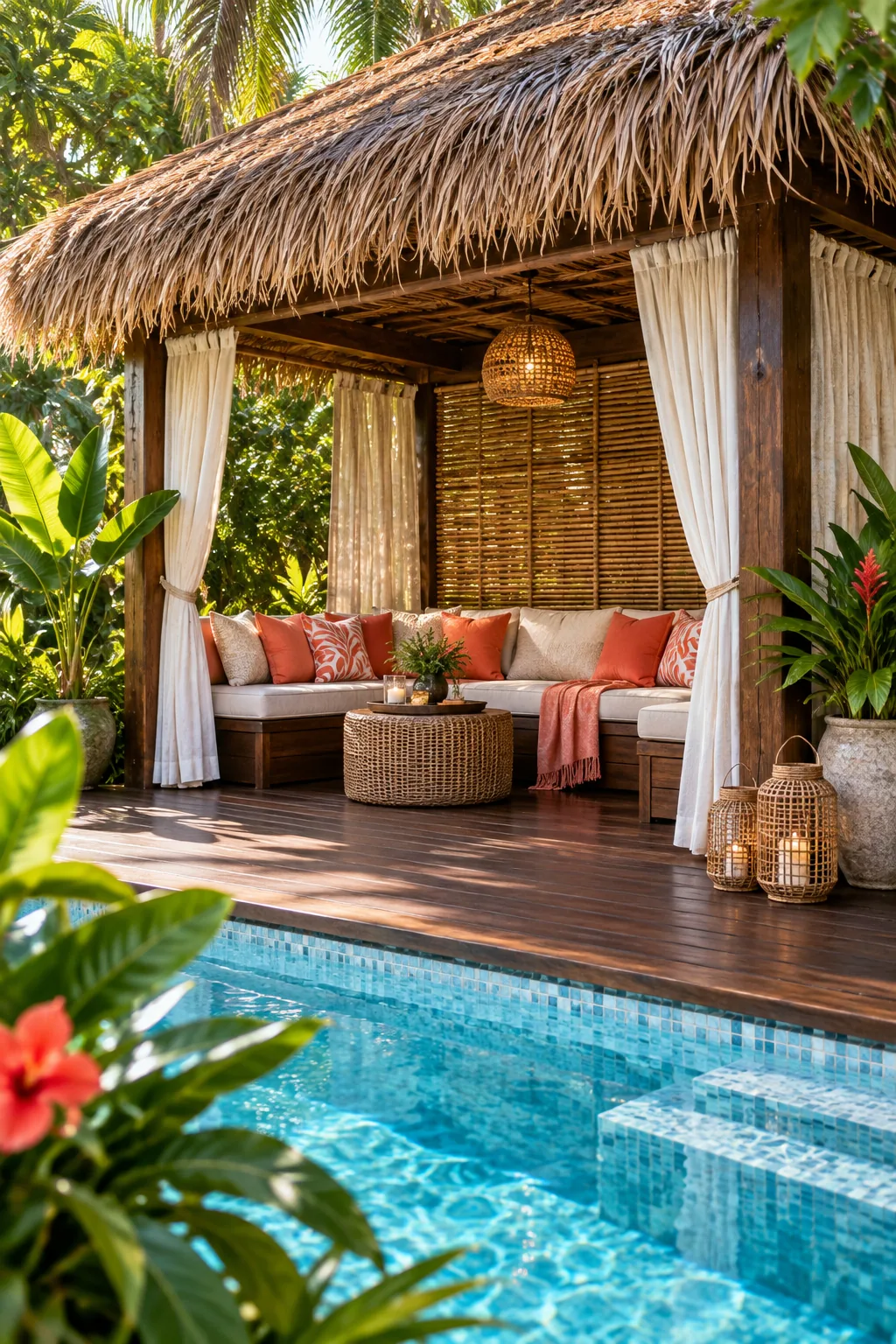 A tropical pool cabana with bamboo walls and a thatched roof.