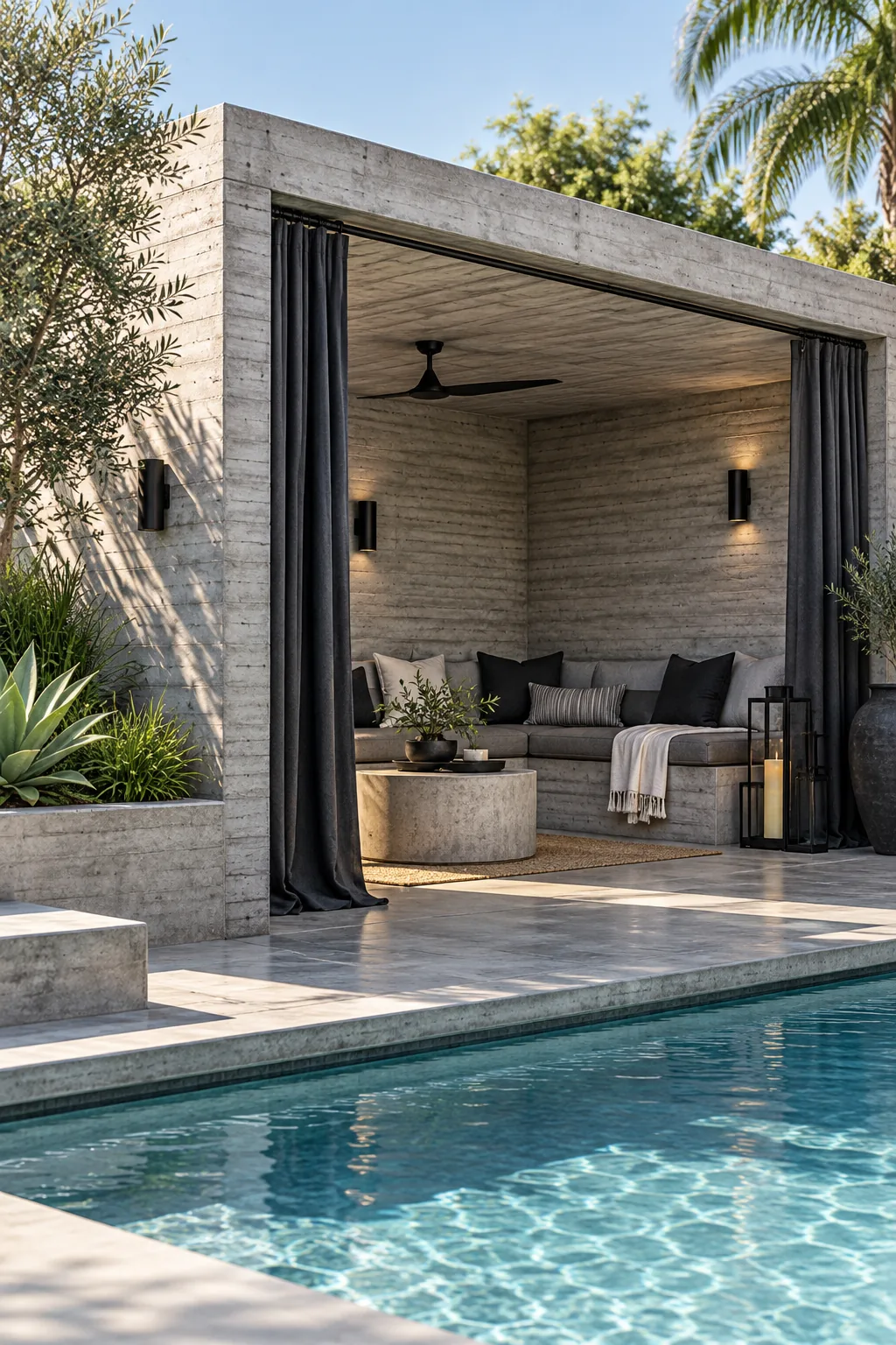 An architectural concrete pool cabana with charcoal gray curtains.