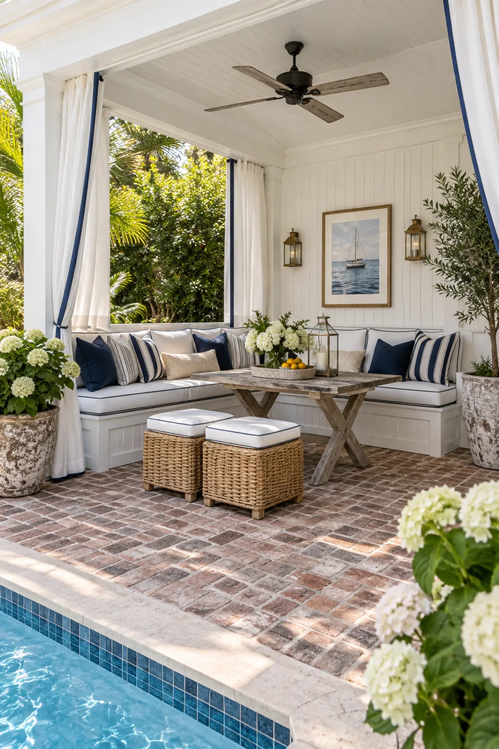 A traditional coastal pool cabana with white beadboard walls and navy blue accents.