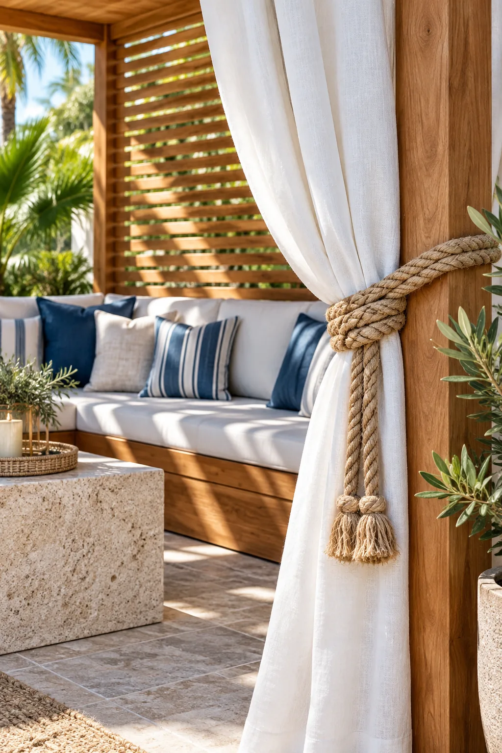Thick white outdoor drapery gathered and tied back with a braided rope against a square teak post.