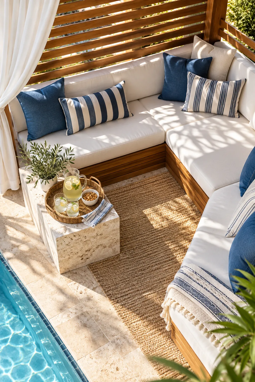 Sunlight filtering through a slatted teak wood wall onto blue and white striped outdoor cushions.