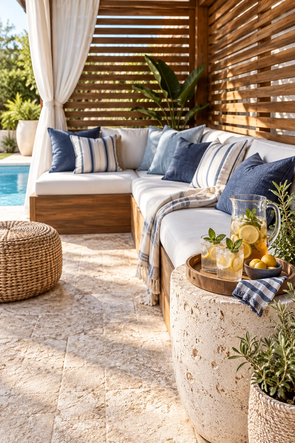 An L-shaped built-in wooden bench topped with thick white cushions and blue throw pillows inside a cabana.