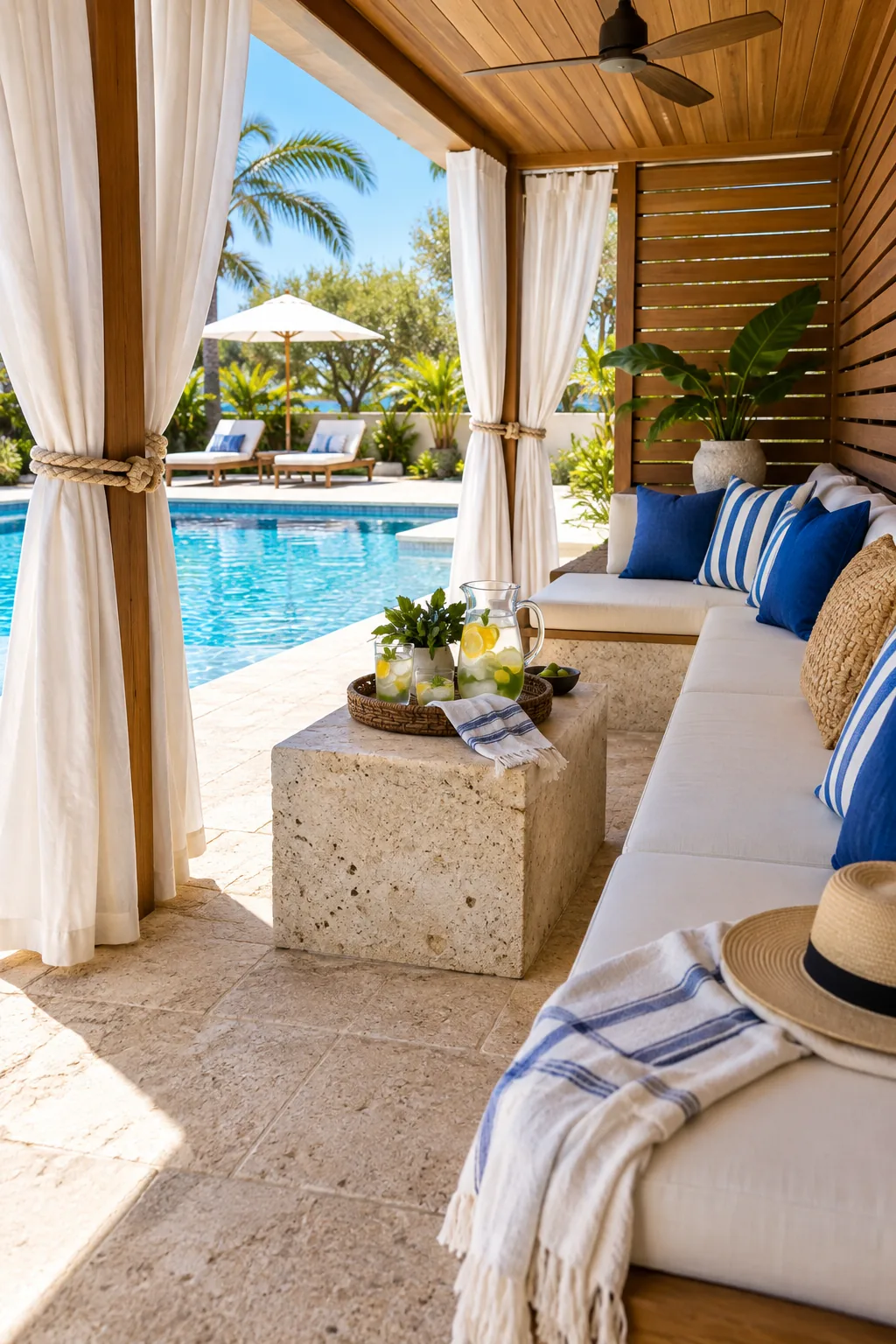 A top-down view of textured beige shellstone pool decking meeting blue mosaic waterline tiles.