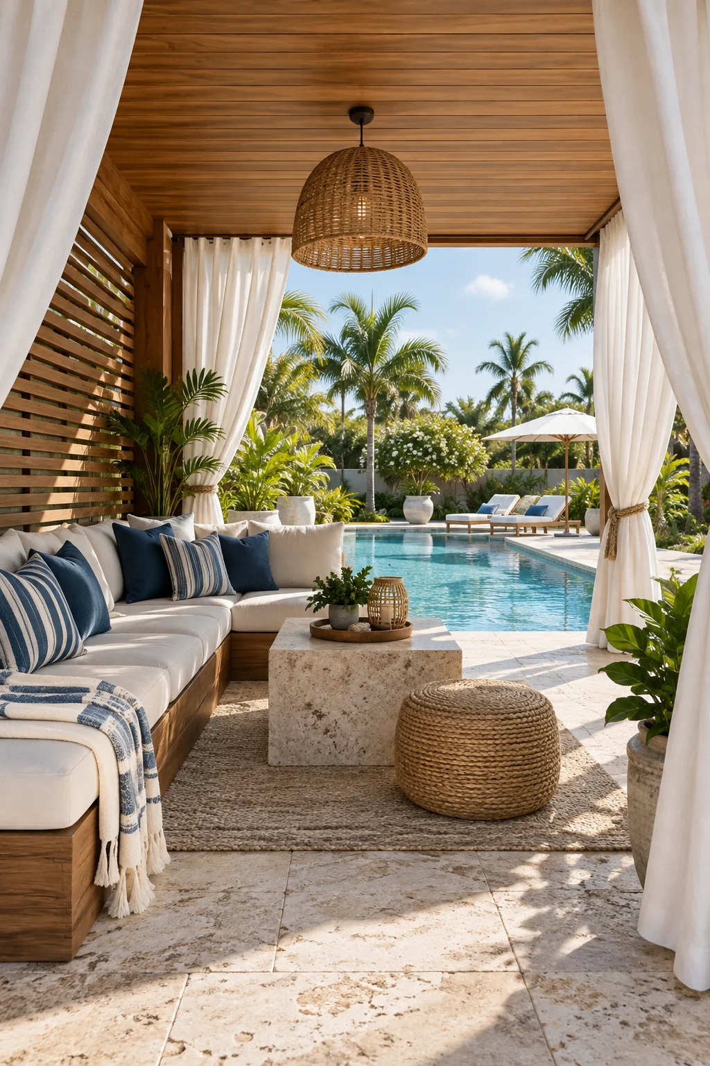 Looking out from inside a wooden cabana with white curtains toward a bright blue swimming pool.