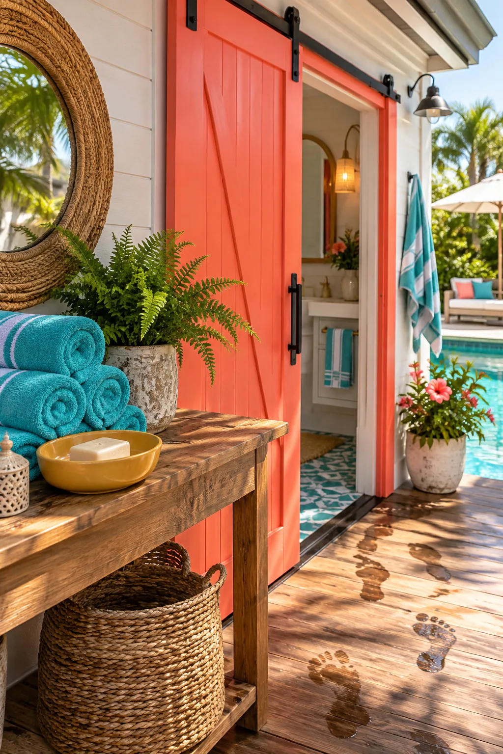 Exterior sliding barn door leading to a poolside bathroom
