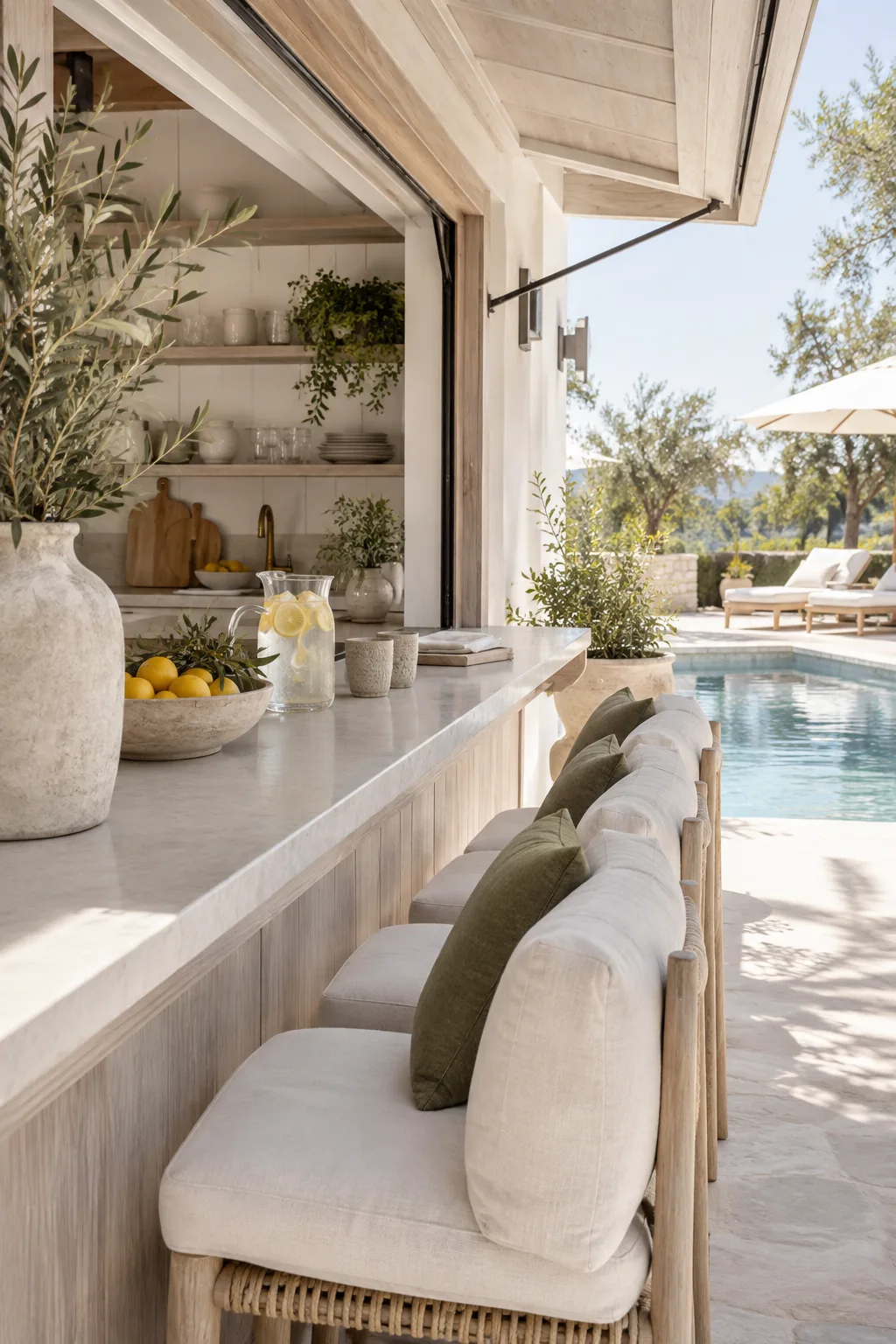 Pass-through window with outdoor barstools at a pool house