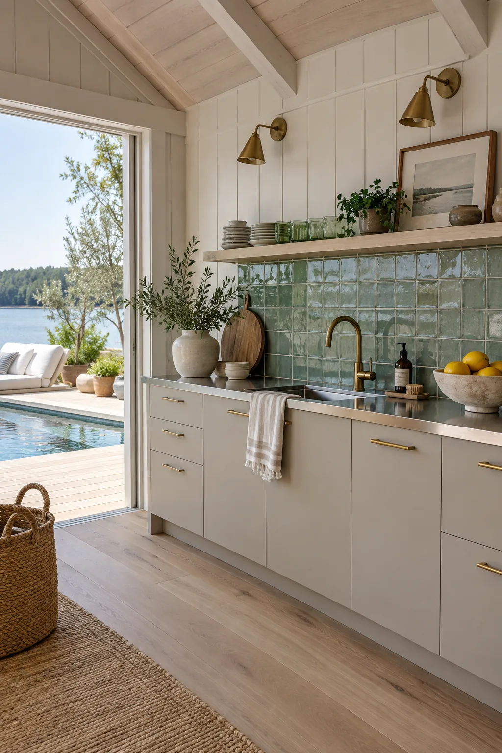 Stainless steel outdoor kitchen cabinets in a pool house