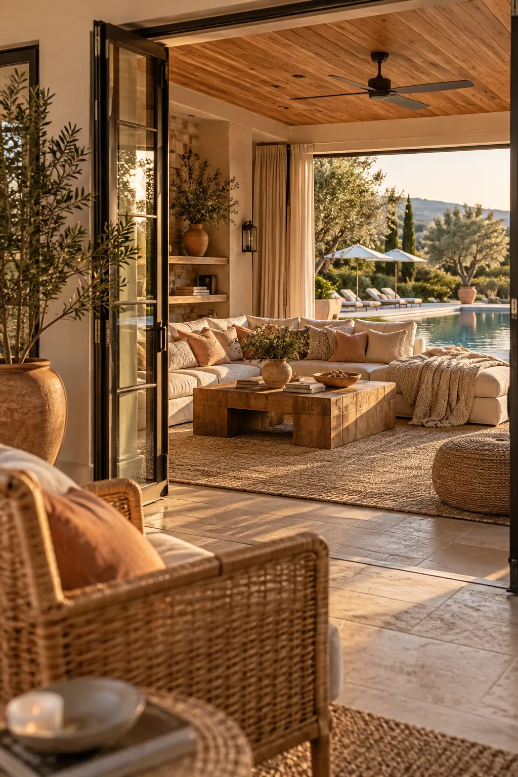 Deep performance fabric sectional in a bright pool house