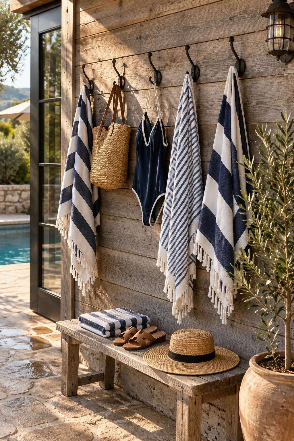 Iron hooks on a white exterior wall holding wet towels