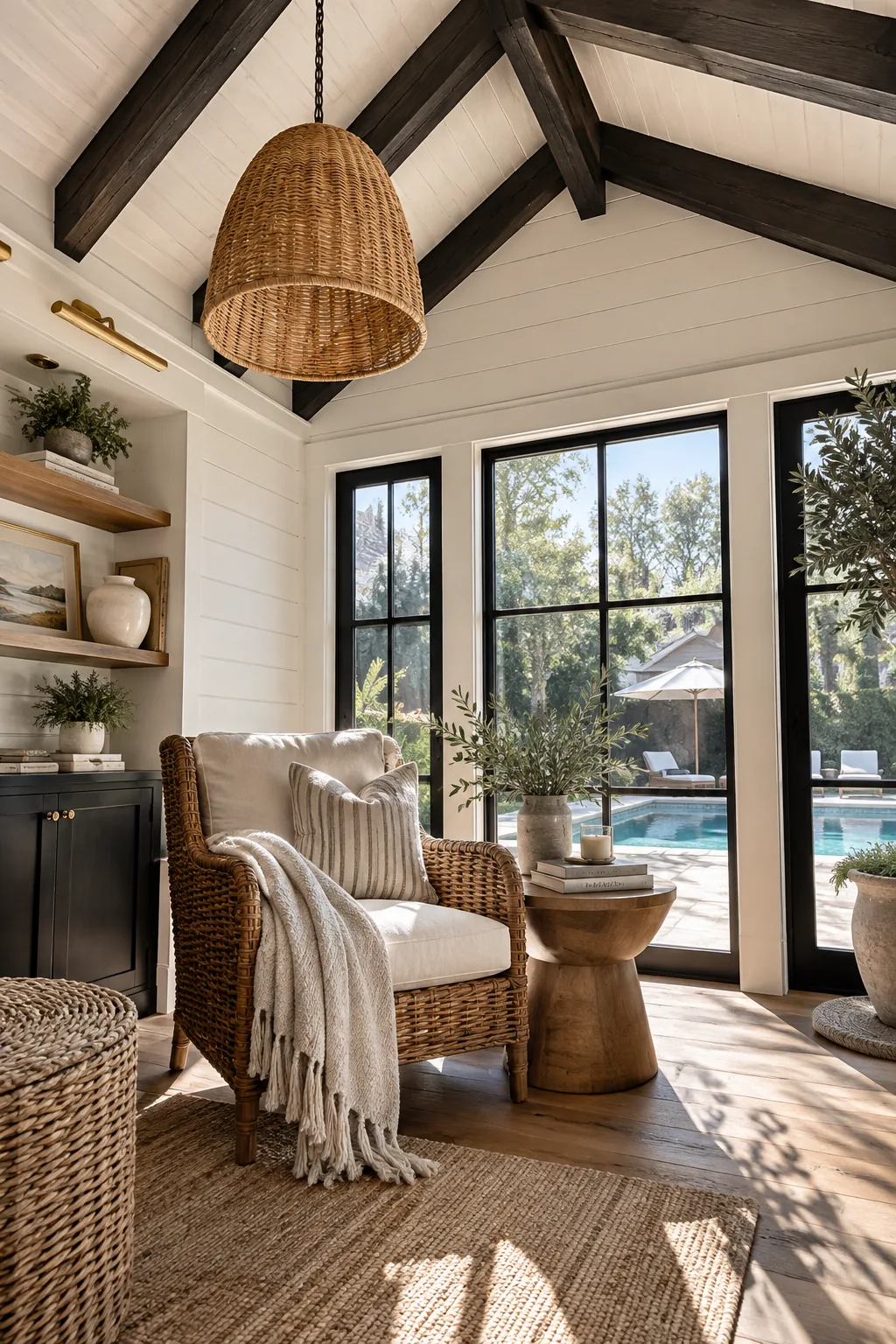 Dark painted exposed ceiling beams in a white pool house